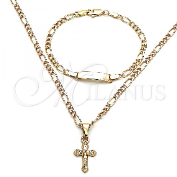 Oro Laminado Necklace and Bracelet, Gold Filled Style Crucifix Design, Polished, Golden Finish, 06.63.0256