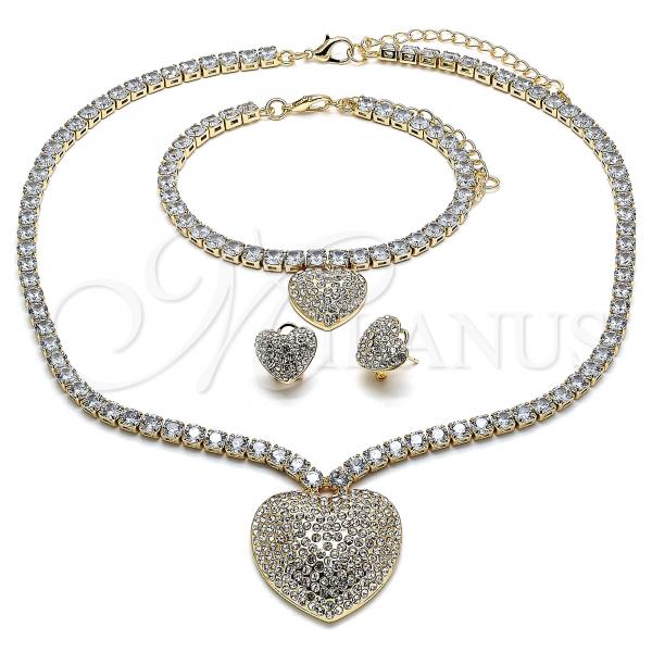 Oro Laminado Necklace, Bracelet and Earring, Gold Filled Style Heart Design, with White Cubic Zirconia and White Crystal, Polished, Golden Finish, 06.372.0016
