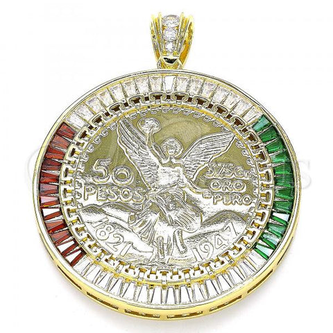 Oro Laminado Religious Pendant, Gold Filled Style Centenario Coin and Angel Design, with Multicolor Cubic Zirconia, Polished, Golden Finish, 05.253.0078.1