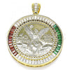 Oro Laminado Religious Pendant, Gold Filled Style Centenario Coin and Angel Design, with Multicolor Cubic Zirconia, Polished, Golden Finish, 05.253.0078.1