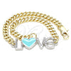 Oro Laminado Fancy Bracelet, Gold Filled Style Love and Heart Design, Turquoise Enamel Finish, Two Tone, 03.63.1858.07