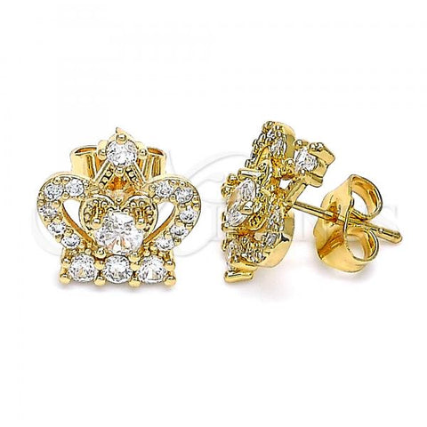 Oro Laminado Stud Earring, Gold Filled Style Crown Design, with White Cubic Zirconia, Polished, Golden Finish, 02.387.0027