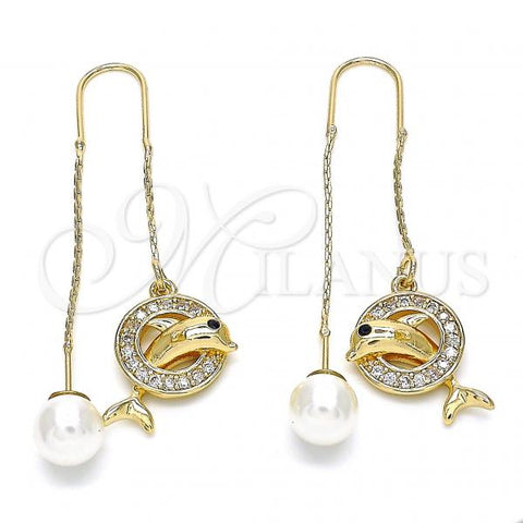 Oro Laminado Threader Earring, Gold Filled Style Dolphin Design, with White and Black Micro Pave, Polished, Golden Finish, 02.210.0364