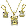 Oro Laminado Earring and Pendant Adult Set, Gold Filled Style Teddy Bear Design, with Multicolor Micro Pave, Polished, Golden Finish, 10.196.0053