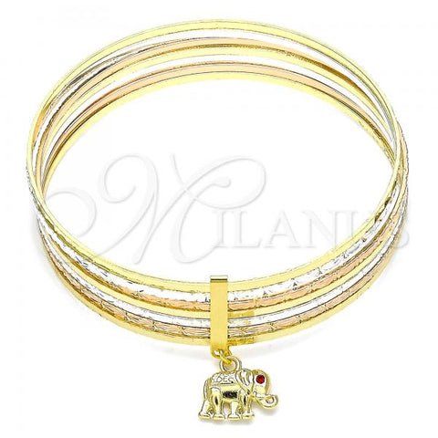 Oro Laminado Semanario Bangle, Gold Filled Style Elephant Design, with Garnet Crystal, Diamond Cutting Finish, Tricolor, 07.253.0014.05