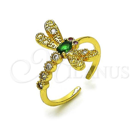 Oro Laminado Multi Stone Ring, Gold Filled Style Dragon-Fly Design, with Green and White Cubic Zirconia, Polished, Golden Finish, 01.196.0014