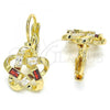 Oro Laminado Leverback Earring, Gold Filled Style Flower Design, with Garnet and White Cubic Zirconia, Polished, Golden Finish, 02.210.0214.2