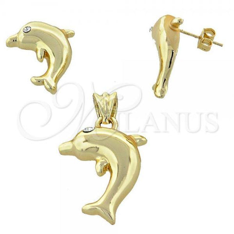 Oro Laminado Earring and Pendant Adult Set, Gold Filled Style Dolphin Design, with White Crystal, Polished, Golden Finish, 10.59.0177
