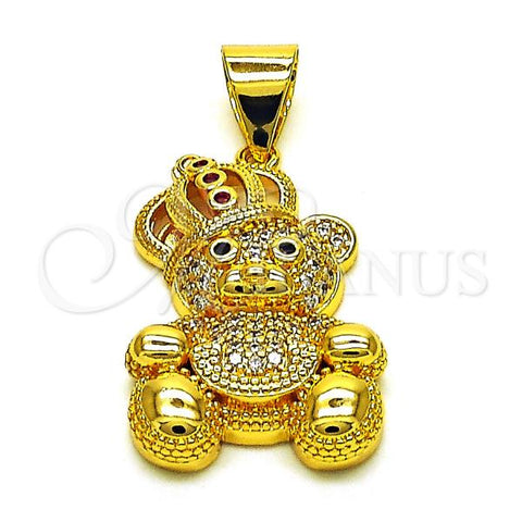 Oro Laminado Fancy Pendant, Gold Filled Style Teddy Bear and Crown Design, with White and Black Micro Pave, Polished, Golden Finish, 05.342.0168