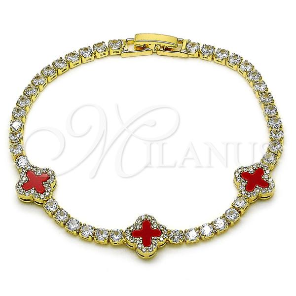 Oro Laminado Fancy Bracelet, Gold Filled Style Four-leaf Clover Design, with Garnet Mother of Pearl and White Cubic Zirconia, Polished, Golden Finish, 03.284.0046.1.07