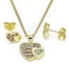 Oro Laminado Earring and Pendant Adult Set, Gold Filled Style Heart Design, with Garnet and White Micro Pave, Polished, Golden Finish, 10.199.0019.2