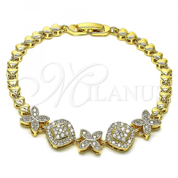 Oro Laminado Fancy Bracelet, Gold Filled Style Flower and Heart Design, with White Cubic Zirconia, Polished, Golden Finish, 03.283.0128.08