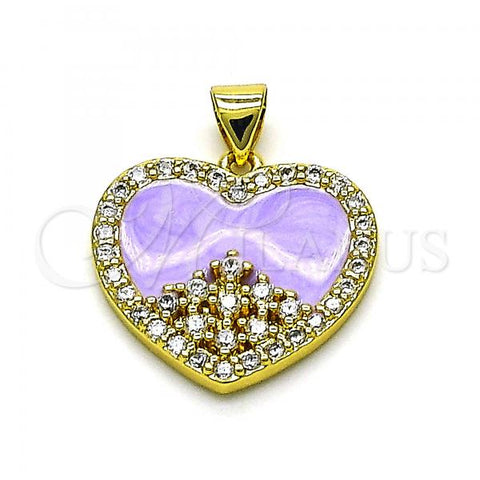Oro Laminado Fancy Pendant, Gold Filled Style Heart Design, with White Cubic Zirconia, Purple Enamel Finish, Golden Finish, 05.381.0016.1