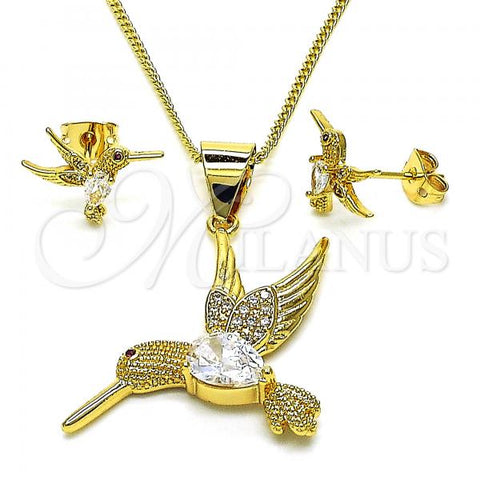 Oro Laminado Earring and Pendant Adult Set, Gold Filled Style Eagle Design, with White Cubic Zirconia and White Micro Pave, Diamond Cutting Finish, Golden Finish, 10.342.0116