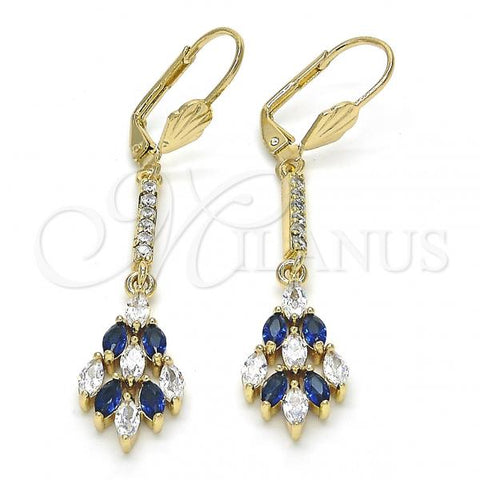 Oro Laminado Long Earring, Gold Filled Style with Sapphire Blue and White Cubic Zirconia, Polished, Golden Finish, 02.210.0192.2