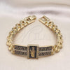 Oro Laminado Fancy Bracelet, Gold Filled Style San Judas and Greek Key Design, with White Micro Pave, Black Enamel Finish, Golden Finish, 03.411.0012.08