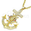 Oro Laminado Religious Pendant, Gold Filled Style Guadalupe and Anchor Design, with Garnet and White Crystal, Polished, Golden Finish, 05.213.0111
