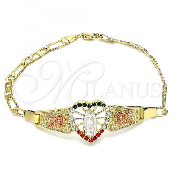 Oro Laminado Fancy Bracelet, Gold Filled Style Guadalupe and Heart Design, with Multicolor Crystal, Polished, Tricolor, 03.380.0082.1.08