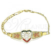 Oro Laminado Fancy Bracelet, Gold Filled Style Guadalupe and Heart Design, with Multicolor Crystal, Polished, Tricolor, 03.380.0082.1.08