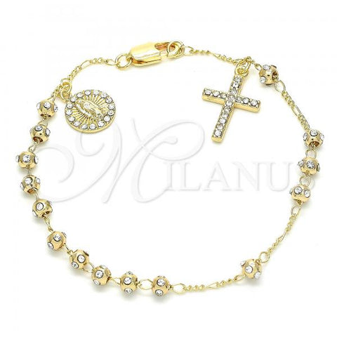 Oro Laminado Bracelet Rosary, Gold Filled Style Guadalupe and Cross Design, with White Crystal, Polished, Golden Finish, 03.253.0049.08