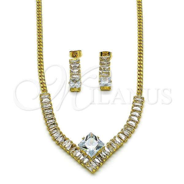 Oro Laminado Necklace and Earring, Gold Filled Style Baguette and Miami Cuban Design, with White Cubic Zirconia, Polished, Golden Finish, 06.282.0005