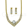 Oro Laminado Necklace and Earring, Gold Filled Style Baguette and Miami Cuban Design, with White Cubic Zirconia, Polished, Golden Finish, 06.282.0005