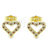 Oro Laminado Stud Earring, Gold Filled Style Heart Design, with Garnet and White Micro Pave, Polished, Golden Finish, 02.156.0484.1