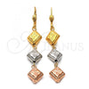 Oro Laminado Long Earring, Gold Filled Style Flower Design, Diamond Cutting Finish, Tricolor, 5.095.012
