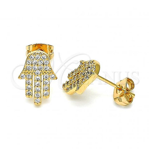 Oro Laminado Stud Earring, Gold Filled Style Hand of God Design, with White Micro Pave, Polished, Golden Finish, 02.213.0302