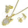 Oro Laminado Earring and Pendant Adult Set, Gold Filled Style Owl Design, with White Micro Pave, Polished, Golden Finish, 10.156.0340