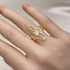 Oro Laminado Elegant Ring, Gold Filled Style Flower and Leaf Design, Diamond Cutting Finish, Golden Finish, 01.233.0035.09