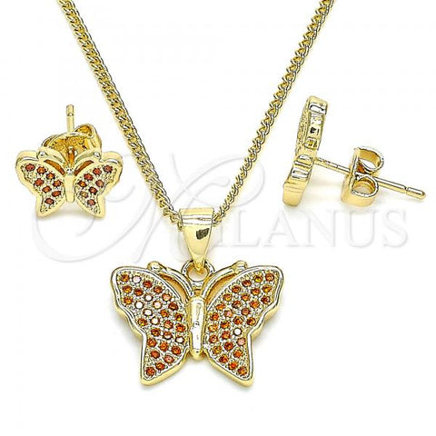 Oro Laminado Earring and Pendant Adult Set, Gold Filled Style Butterfly Design, with Garnet Micro Pave, Polished, Golden Finish, 10.156.0248.2
