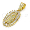 Oro Laminado Religious Pendant, Gold Filled Style Guadalupe Design, with White Cubic Zirconia, Polished, Golden Finish, 05.120.0061