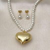 Oro Laminado Necklace and Earring, Gold Filled Style Heart and Ball Design, with Ivory Pearl, Polished, Golden Finish, 06.417.0006