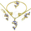 Oro Laminado Necklace, Bracelet, Earring and Ring, Gold Filled Style Dolphin Design, with White Crystal, Blue Enamel Finish, Golden Finish, 10.63.0590.1