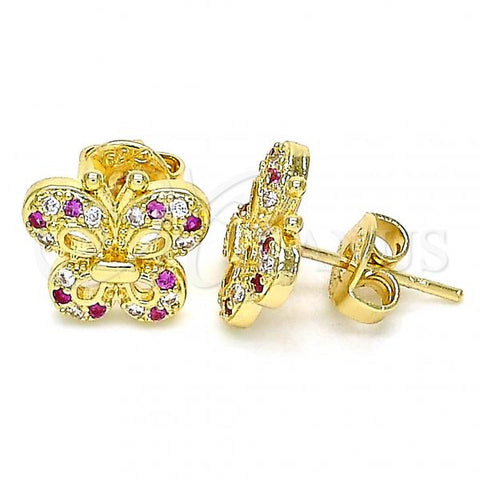 Oro Laminado Stud Earring, Gold Filled Style Butterfly Design, with Ruby and White Micro Pave, Polished, Golden Finish, 02.233.0011.2