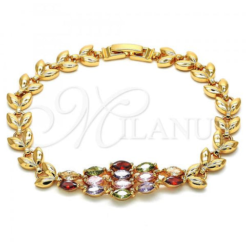 Oro Laminado Fancy Bracelet, Gold Filled Style Leaf Design, with Multicolor Cubic Zirconia, Polished, Golden Finish, 03.323.0006.08