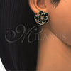 Oro Laminado Stud Earring, Gold Filled Style Flower Design, with Green and White Crystal, Polished, Golden Finish, 02.64.0641.3