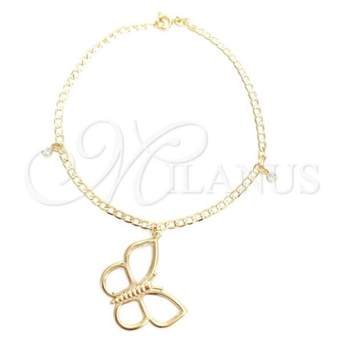 Oro Laminado Charm Anklet , Gold Filled Style Butterfly and Figaro Design, with White Cubic Zirconia, Polished, Golden Finish, 03.58.0025.10