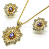 Oro Laminado Earring and Pendant Adult Set, Gold Filled Style with Amethyst and White Crystal, Polished, Golden Finish, 10.160.0122.2