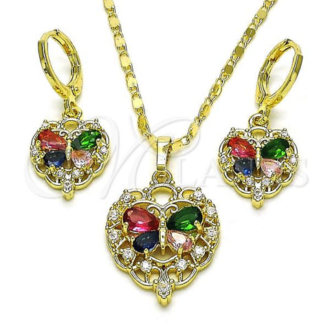 Oro Laminado Earring and Pendant Adult Set, Gold Filled Style Heart and Butterfly Design, with Multicolor Cubic Zirconia, Polished, Golden Finish, 10.196.0113