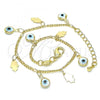 Oro Laminado Charm Bracelet, Gold Filled Style Evil Eye and Hand of God Design, White Resin Finish, Golden Finish, 03.169.0005.08
