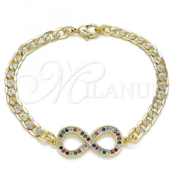 Oro Laminado Fancy Bracelet, Gold Filled Style Infinite Design, with Multicolor Micro Pave, Polished, Golden Finish, 03.156.0023.1.08