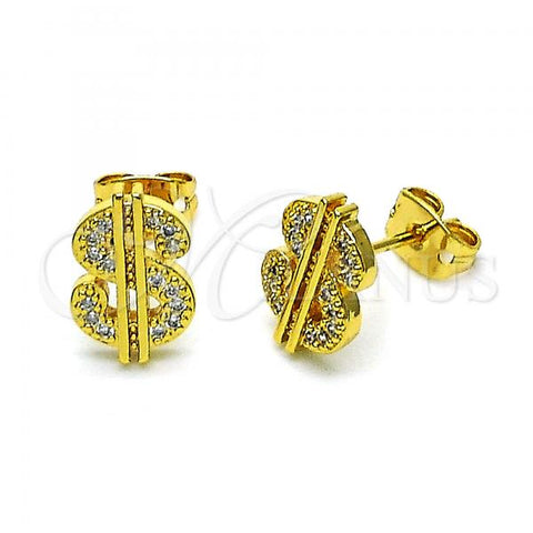 Oro Laminado Stud Earring, Gold Filled Style Money Sign Design, with White Micro Pave, Polished, Golden Finish, 02.342.0235