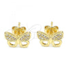 Oro Laminado Stud Earring, Gold Filled Style Butterfly Design, with White Micro Pave, Polished, Golden Finish, 02.94.0132