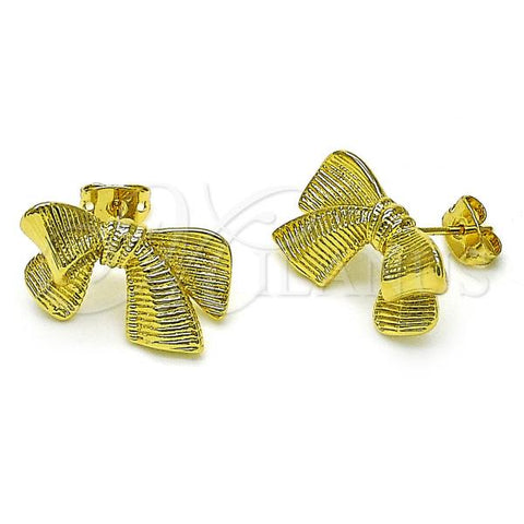 Oro Laminado Stud Earring, Gold Filled Style Bow Design, Diamond Cutting Finish, Golden Finish, 02.341.0203