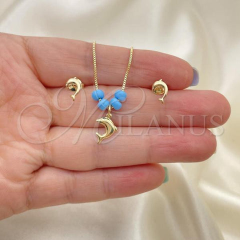 Oro Laminado Earring and Pendant Adult Set, Gold Filled Style Dolphin and Box Design, with Aquamarine Opal, Polished, Golden Finish, 10.09.0041