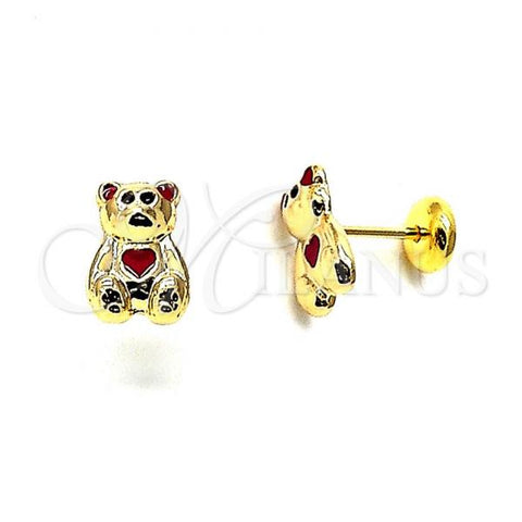 Oro Laminado Stud Earring, Gold Filled Style Teddy Bear Design, Red Enamel Finish, Golden Finish, 02.09.0123