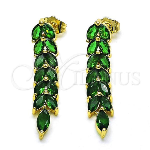Oro Laminado Long Earring, Gold Filled Style Leaf Design, with Green Cubic Zirconia, Polished, Golden Finish, 02.346.0018.1