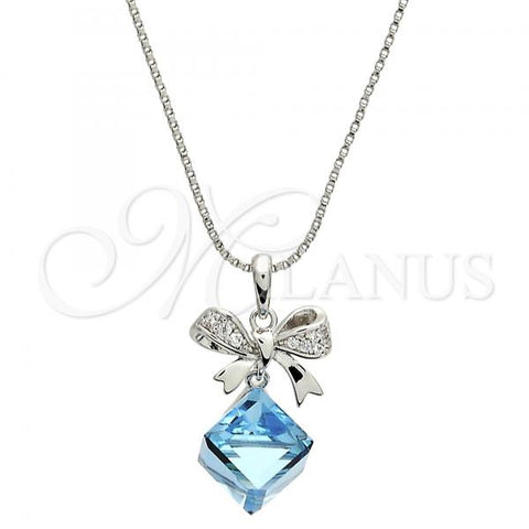 Rhodium Plated Pendant Necklace, Bow Design, with Aquamarine Swarovski Crystals and White Micro Pave, Polished, Rhodium Finish, 04.239.0024.16